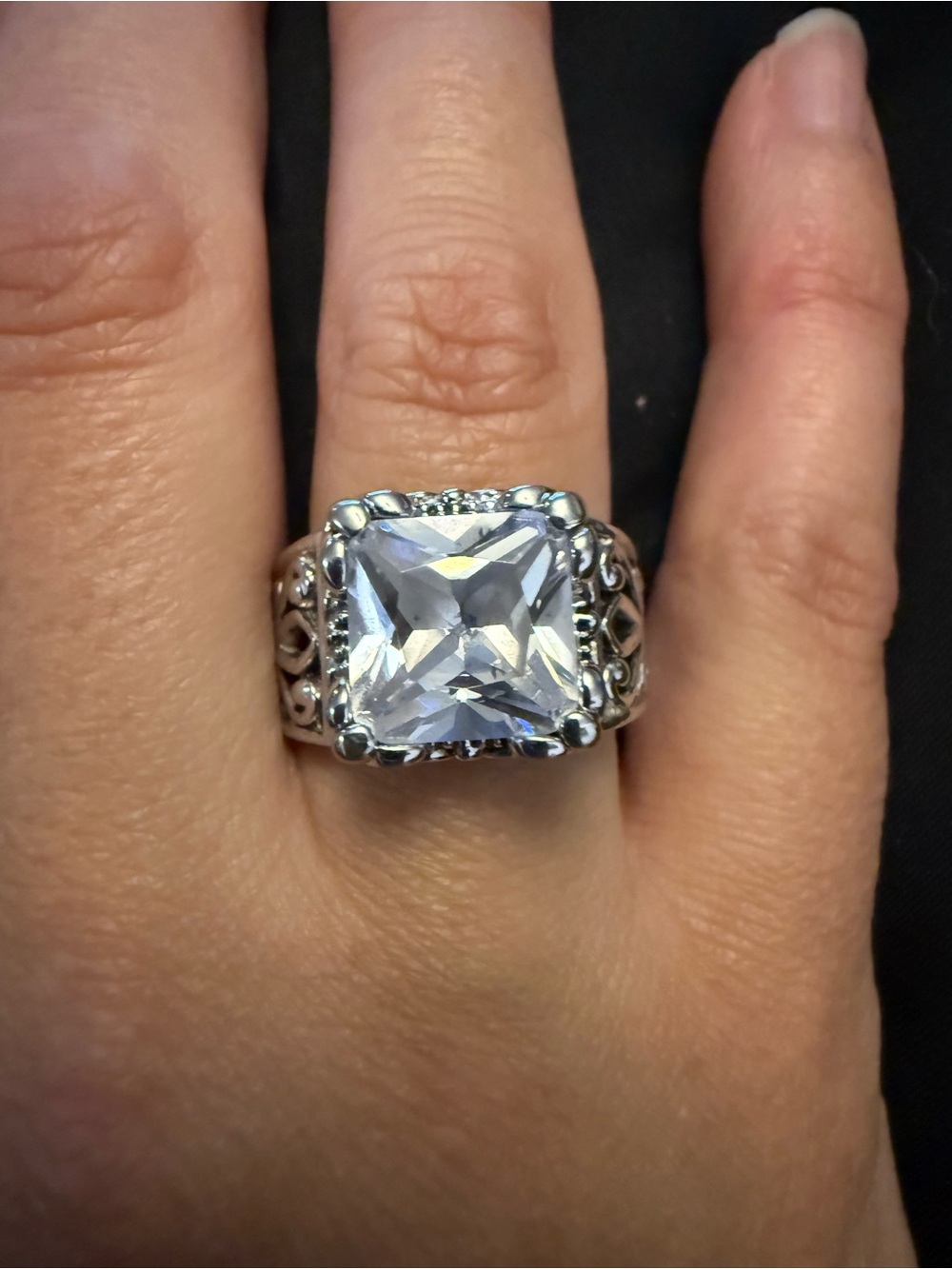 Sterling Silver Square-Cut Clear Stone Statement Ring - Picture 2 of 8